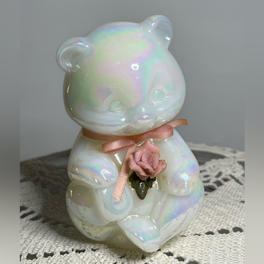 Art Glass Fenton Opalescent Bear With Pink Ribbon & Flower